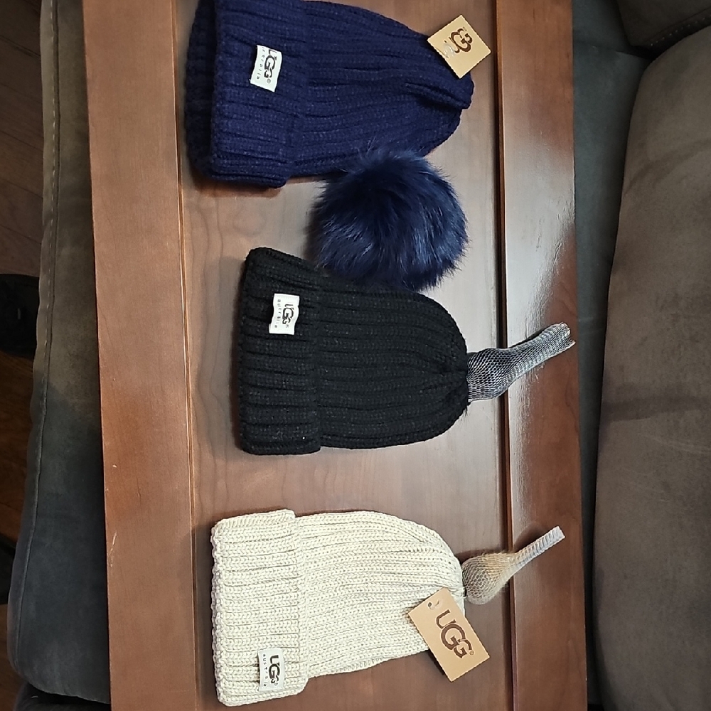 3 UGG Knit Beanie Trio - Navy, Black, Cream
